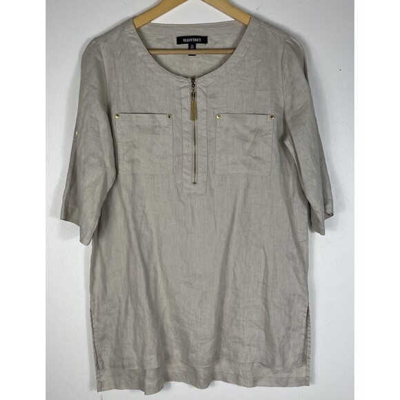 Ellen Tracy Tan 100% Linen Tunic Sm Lagenlook Boho Roll Tab Sleeve Quiet Luxury - Picture 1 of 12